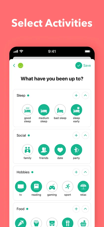 Daylio activity picker grouped into sleep, social and hobbies