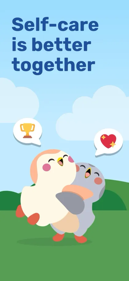 Finch screen reading Self-care is better together, with two cartoon birds hugging