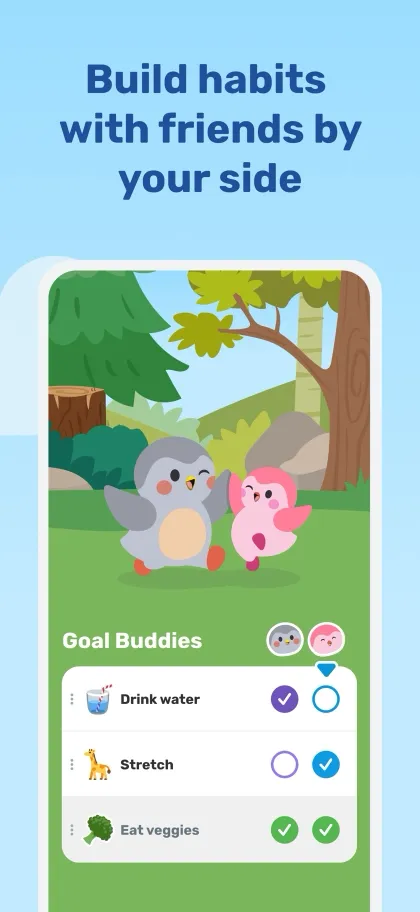 Finch Goal Buddies list with drink water, stretch and eat veggies shared with a friend