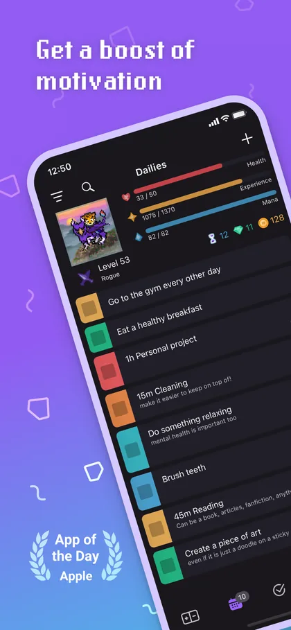 Habitica Dailies list beside a pixel-art avatar with health and experience bars