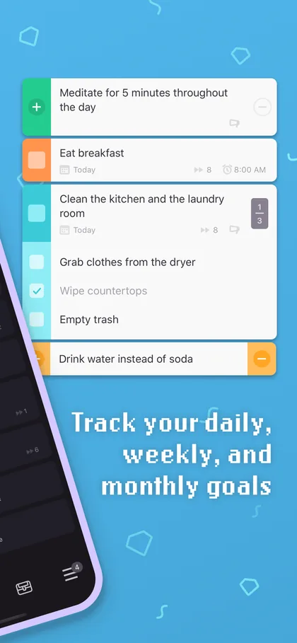 Habitica task list with habits and to-dos marked done