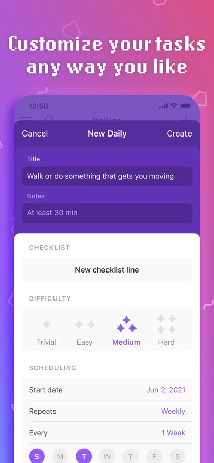Habitica New Daily editor with checklist, difficulty and weekly schedule