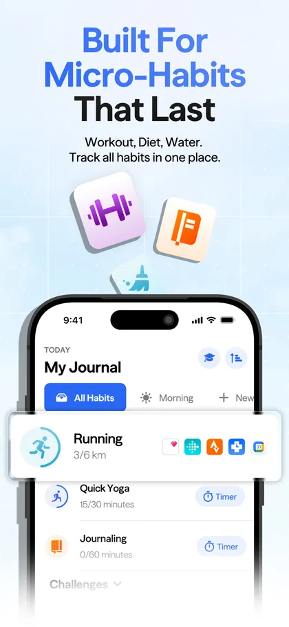 Habitify journal listing habits such as Running, Quick Yoga and Journaling