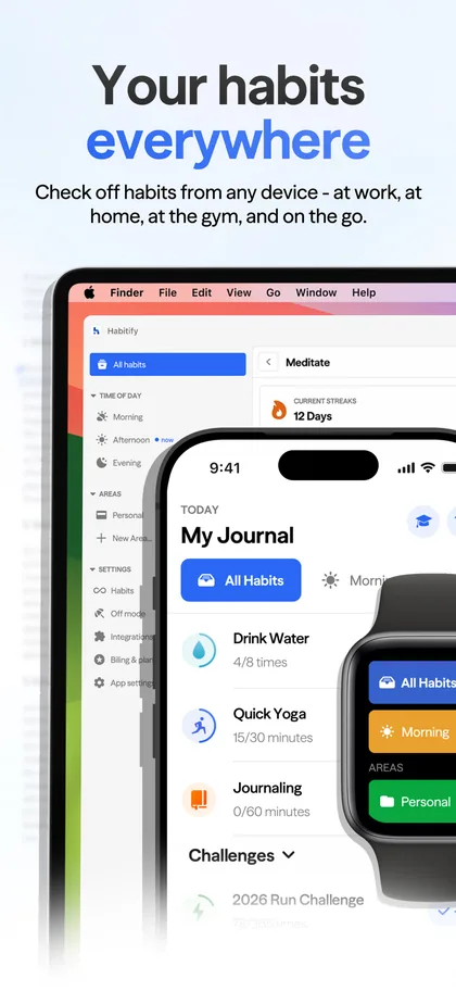 Habitify running on a Mac, an iPhone and an Apple Watch