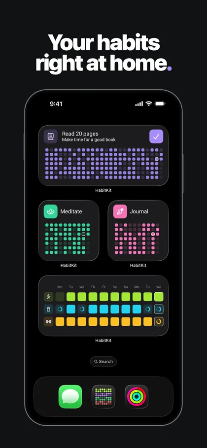 HabitKit widgets on an iPhone home screen showing habit grids