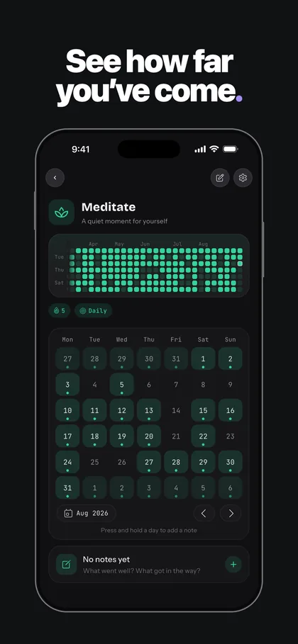 HabitKit Meditate detail with a yearly grid above a monthly calendar