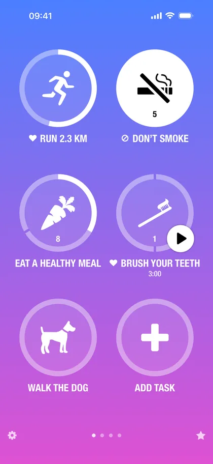 Streaks home screen with circular tasks such as Run 2.3 km, Don't smoke and Walk the dog