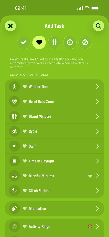 Streaks Add Task screen listing Apple Health tasks such as Walk or Run and Heart Rate Zone
