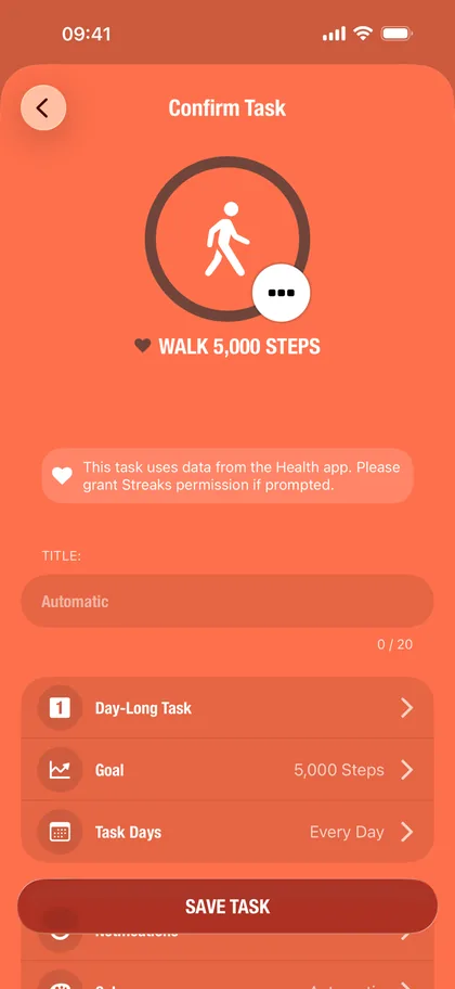 Streaks Confirm Task screen for a Walk 5,000 steps Health task