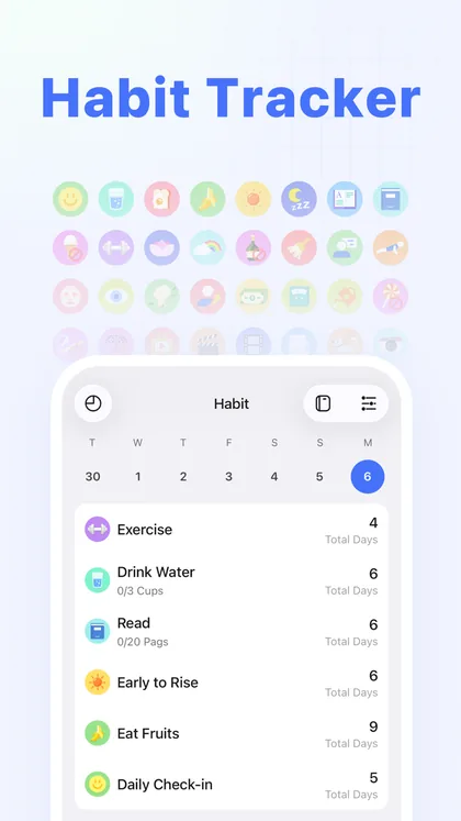 TickTick habit tracker with habits such as Exercise, Drink Water and Read