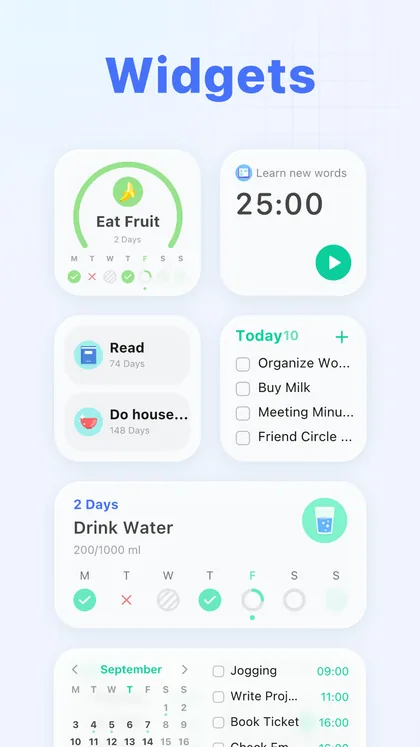 TickTick widgets for habits, focus timer and tasks