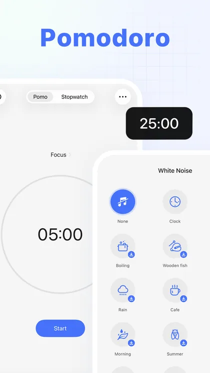 TickTick Pomodoro focus timer with white noise options