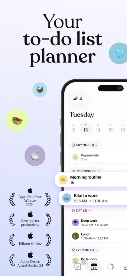 Tiimo app introduction reading Your to-do list planner, with a day timeline of morning routine and bike to work