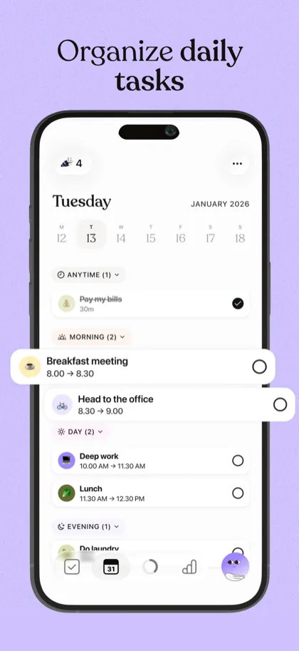 Tiimo daily timeline grouping tasks into anytime, morning, day and evening