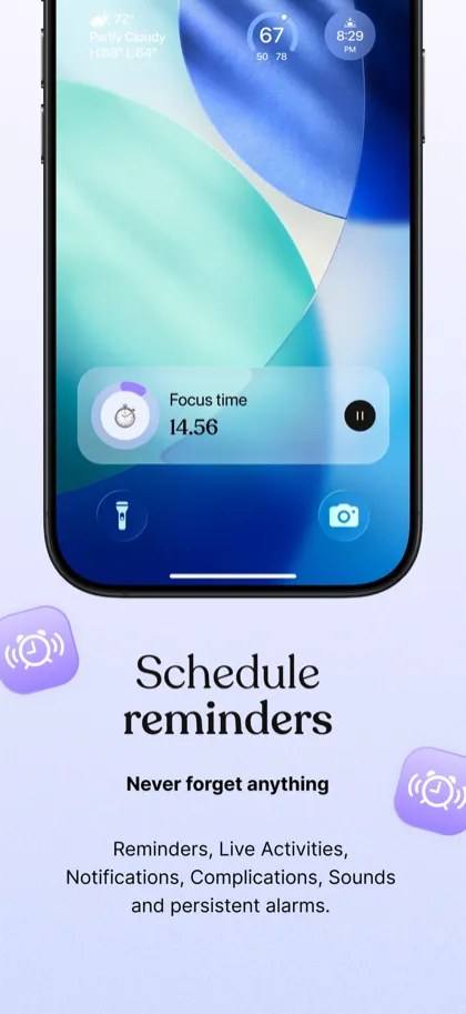 Tiimo focus timer counting down on the iPhone Lock Screen