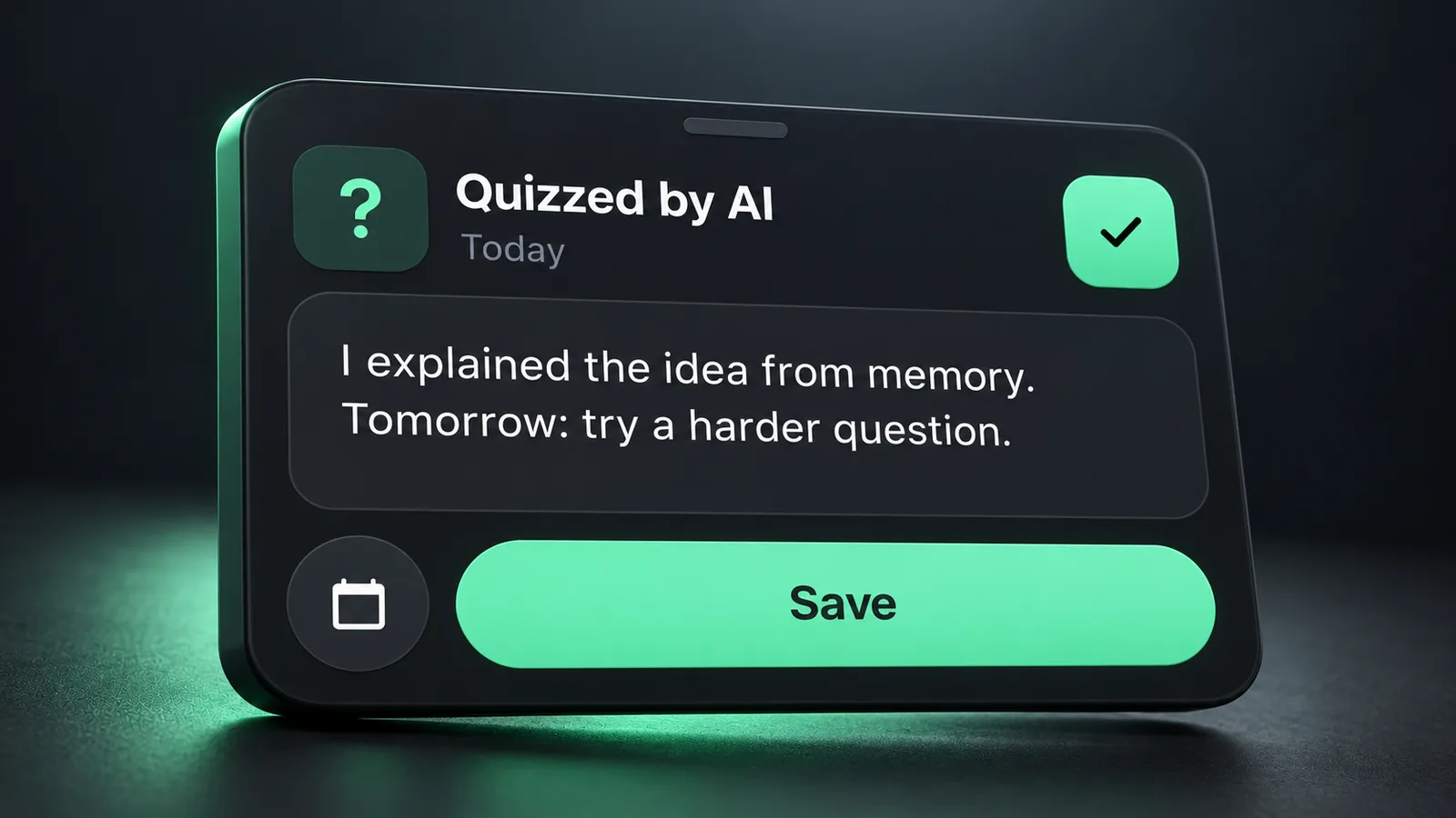 Illustrated HabitKit day editor for Quizzed by AI, marked complete today, with the note I explained the idea from memory. Tomorrow: try a harder question.