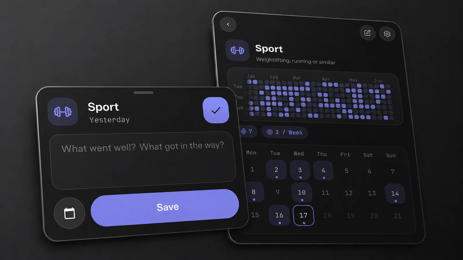 HabitKit day editor showing a completed Sport entry for yesterday and a note field