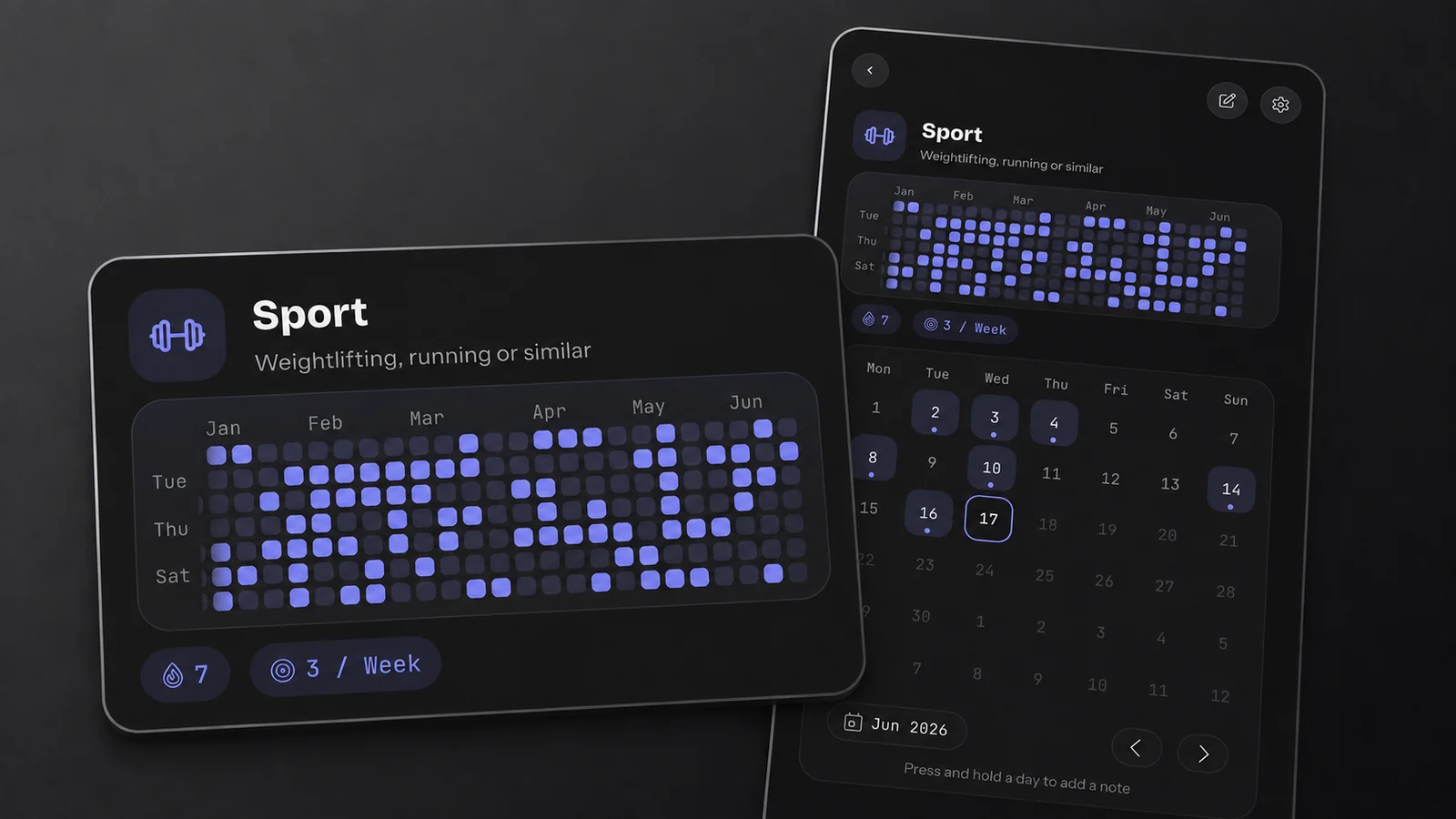 HabitKit Sport detail with recorded completions in a six-month grid and a monthly calendar