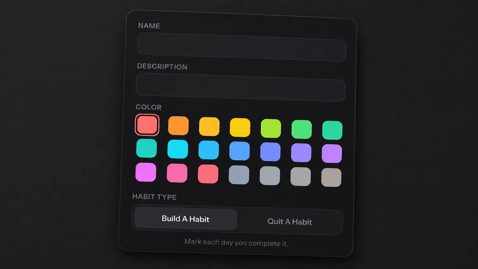 HabitKit New Habit screen with Name, Description, colour choices and the Build A Habit and Quit A Habit options