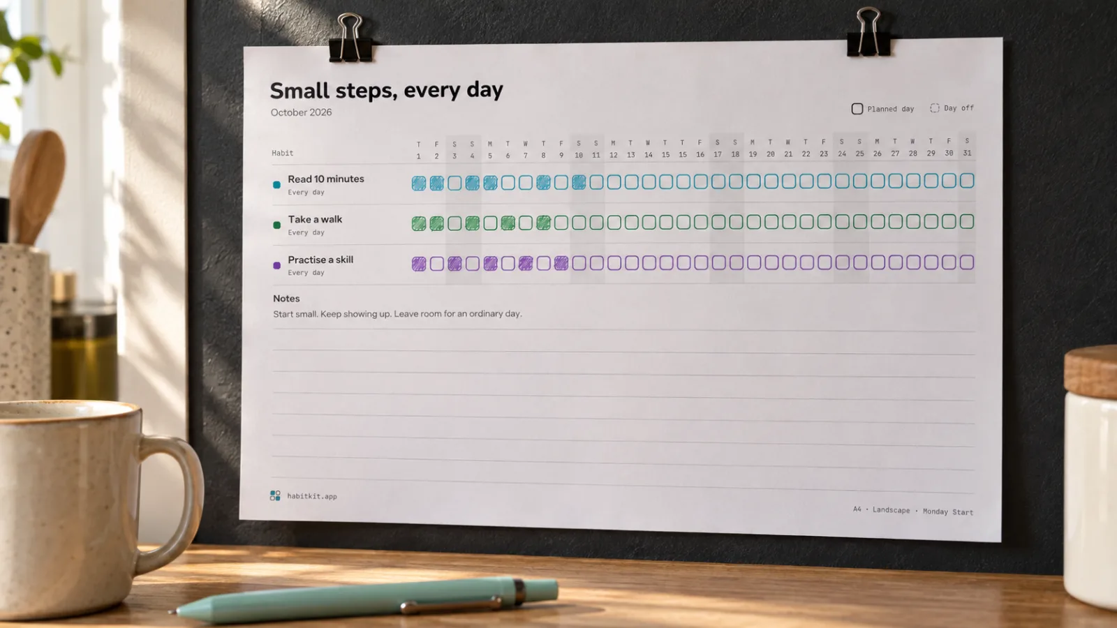 A printed monthly habit tracker clipped to a charcoal kitchen board above an oak counter with a mug and pen