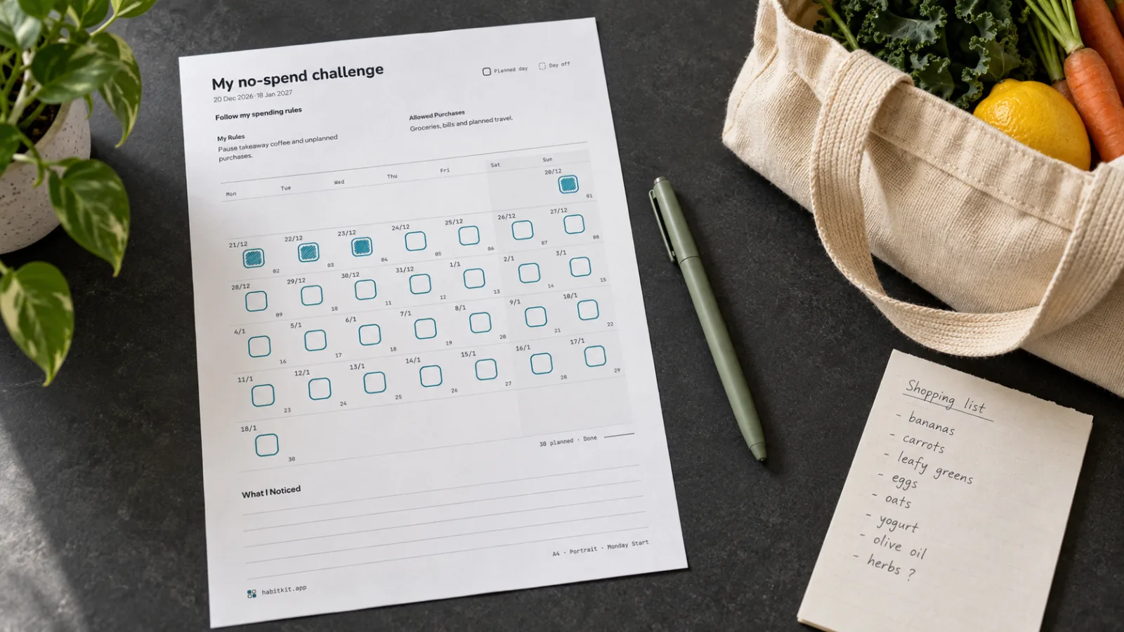 A printed No-Spend tracker on a charcoal desk beside a grocery list, sage pen and canvas shopping bag