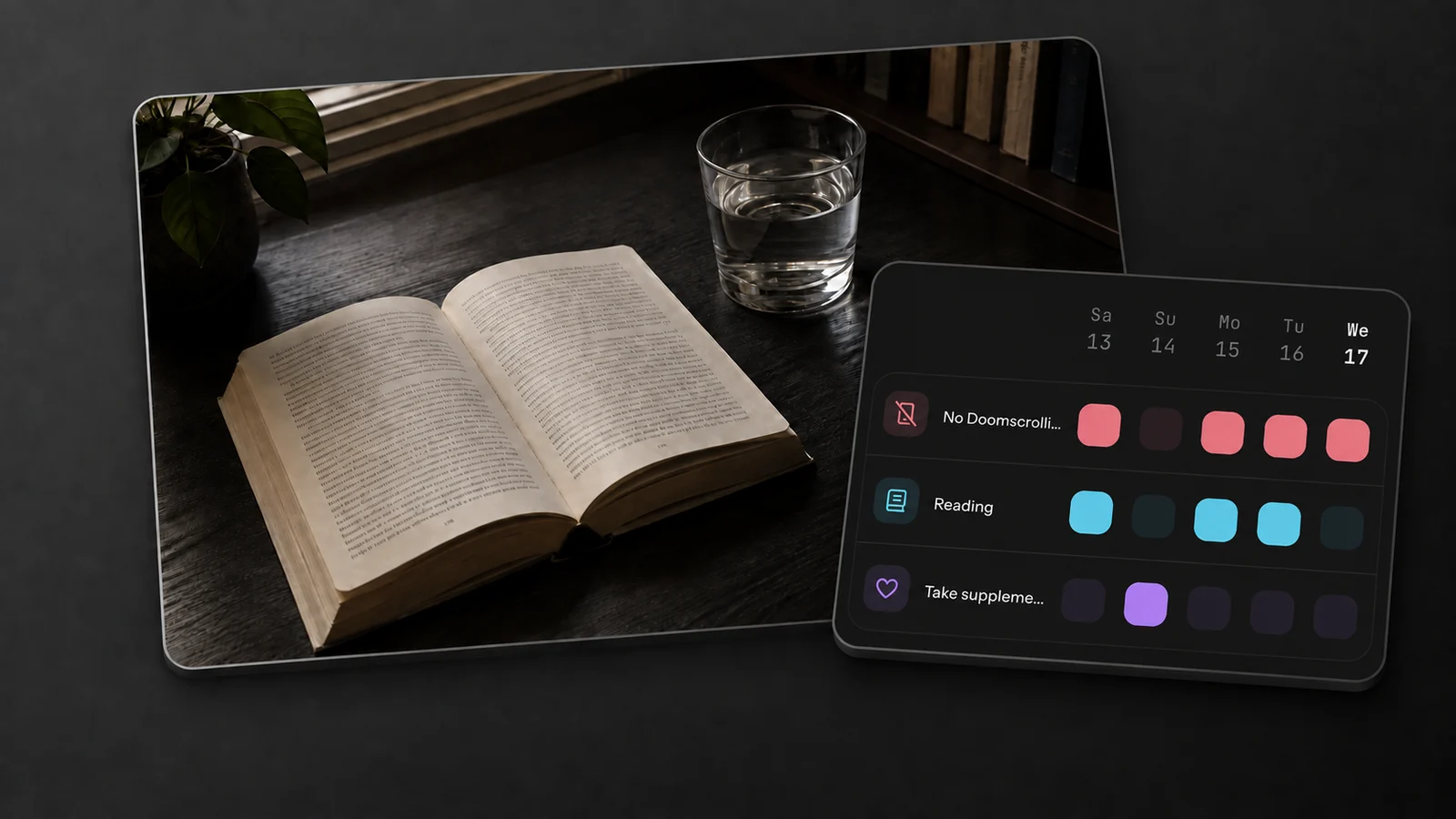Illustrated reading setup with an open book and a glass of water beside an enlarged HabitKit Reading row