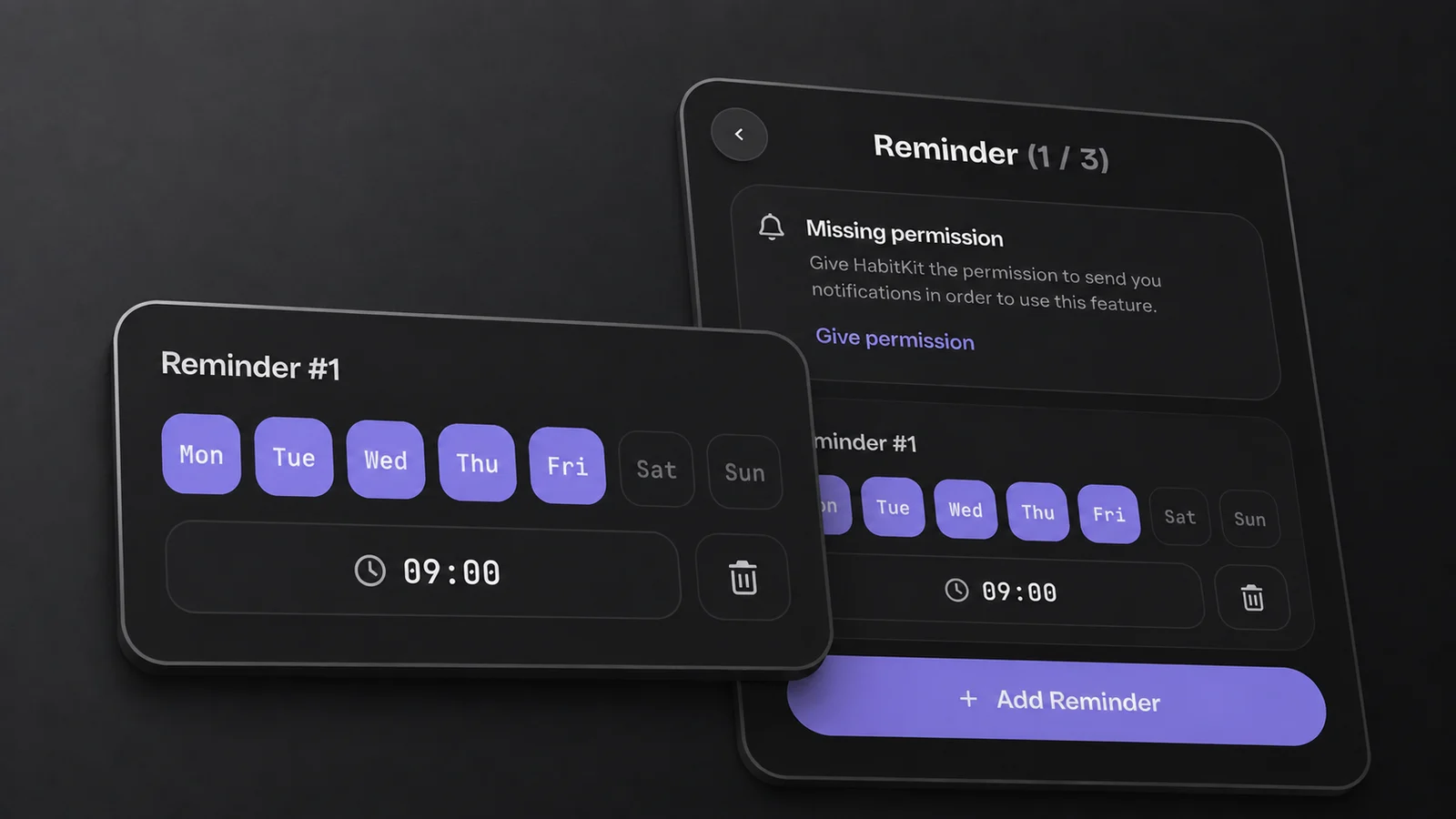 HabitKit reminder editor showing a weekday reminder at 09:00 and a Missing permission notice