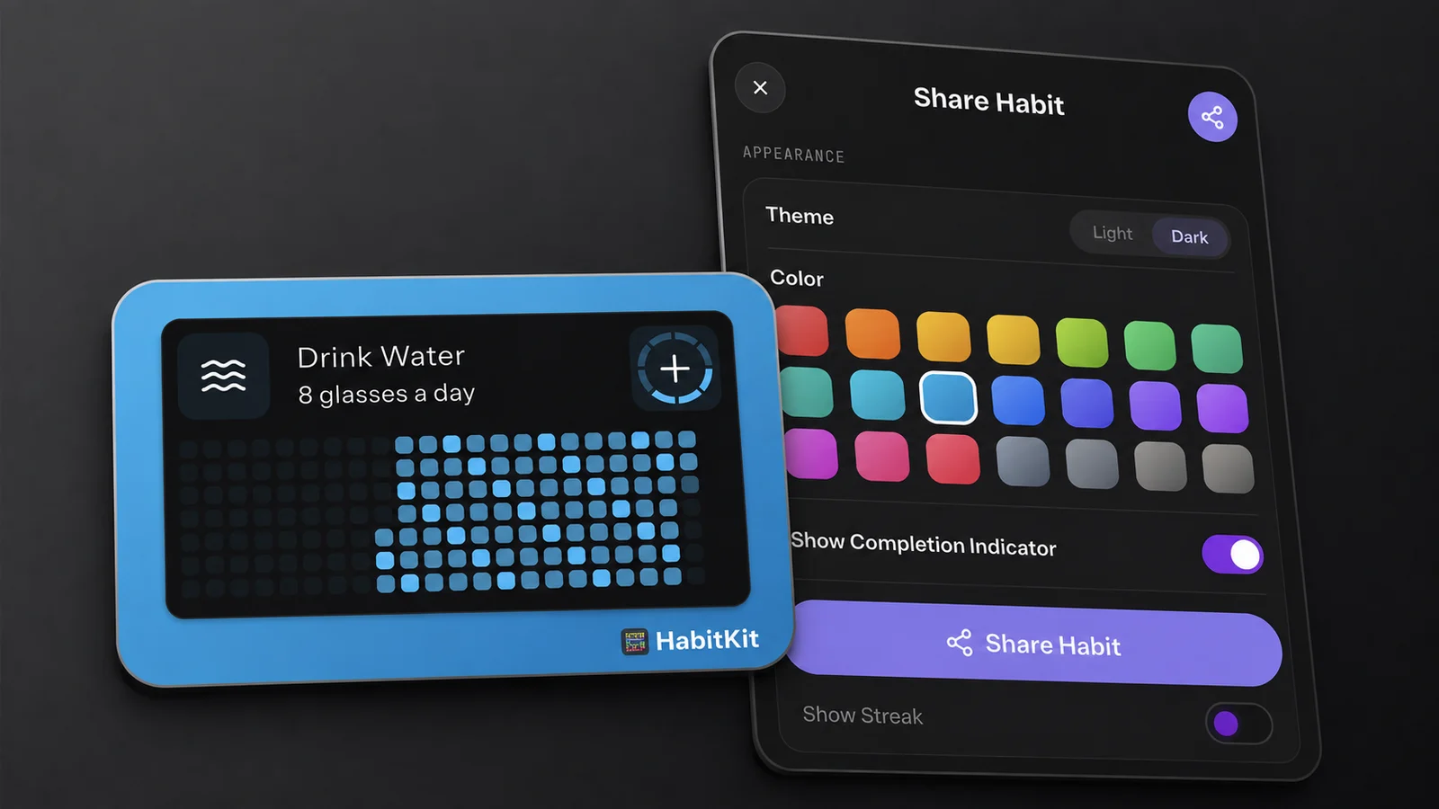 HabitKit Share Habit screen with a Drink Water grid and appearance options