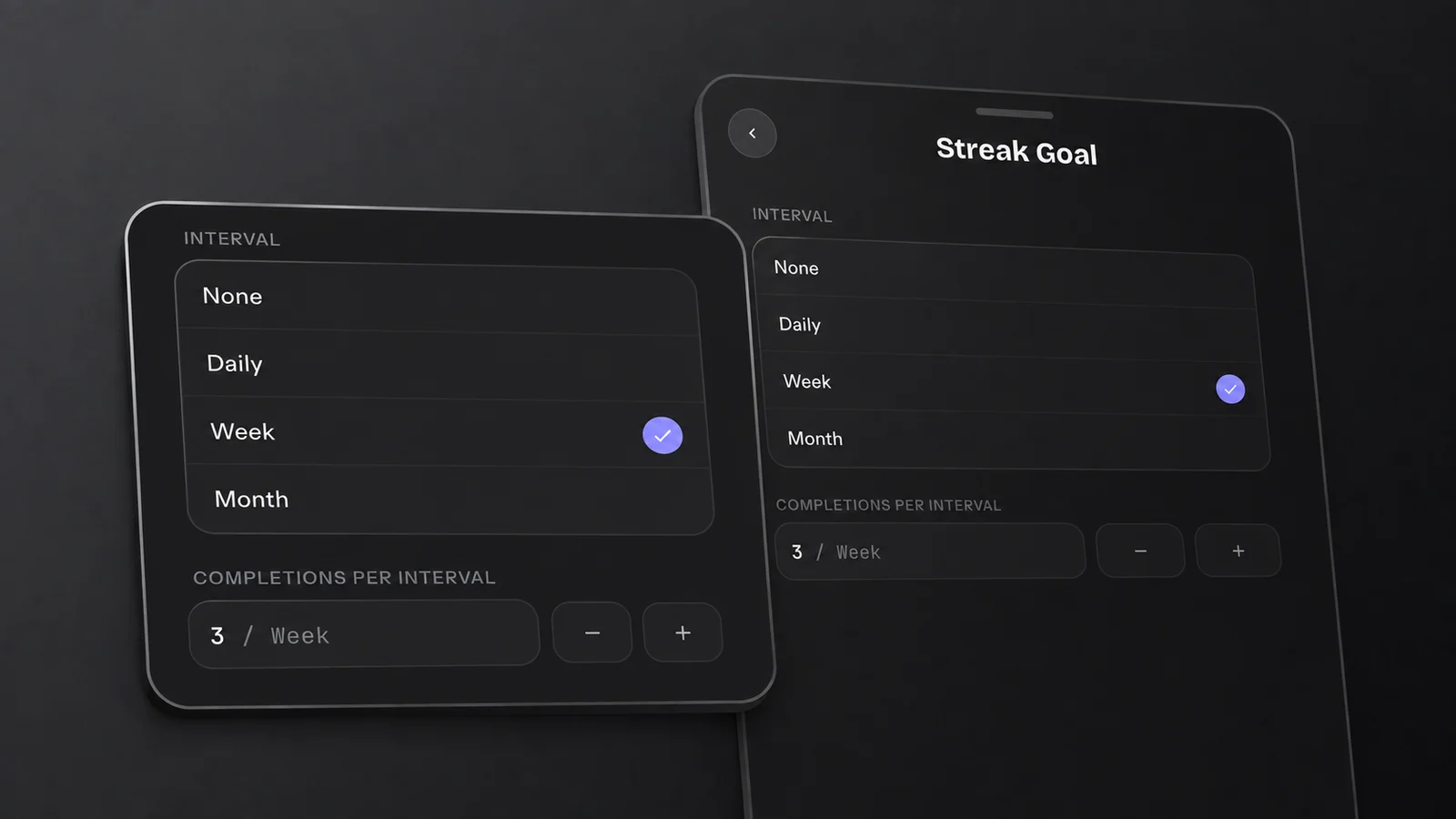 HabitKit Streak Goal screen with Week selected and a target of three successful days