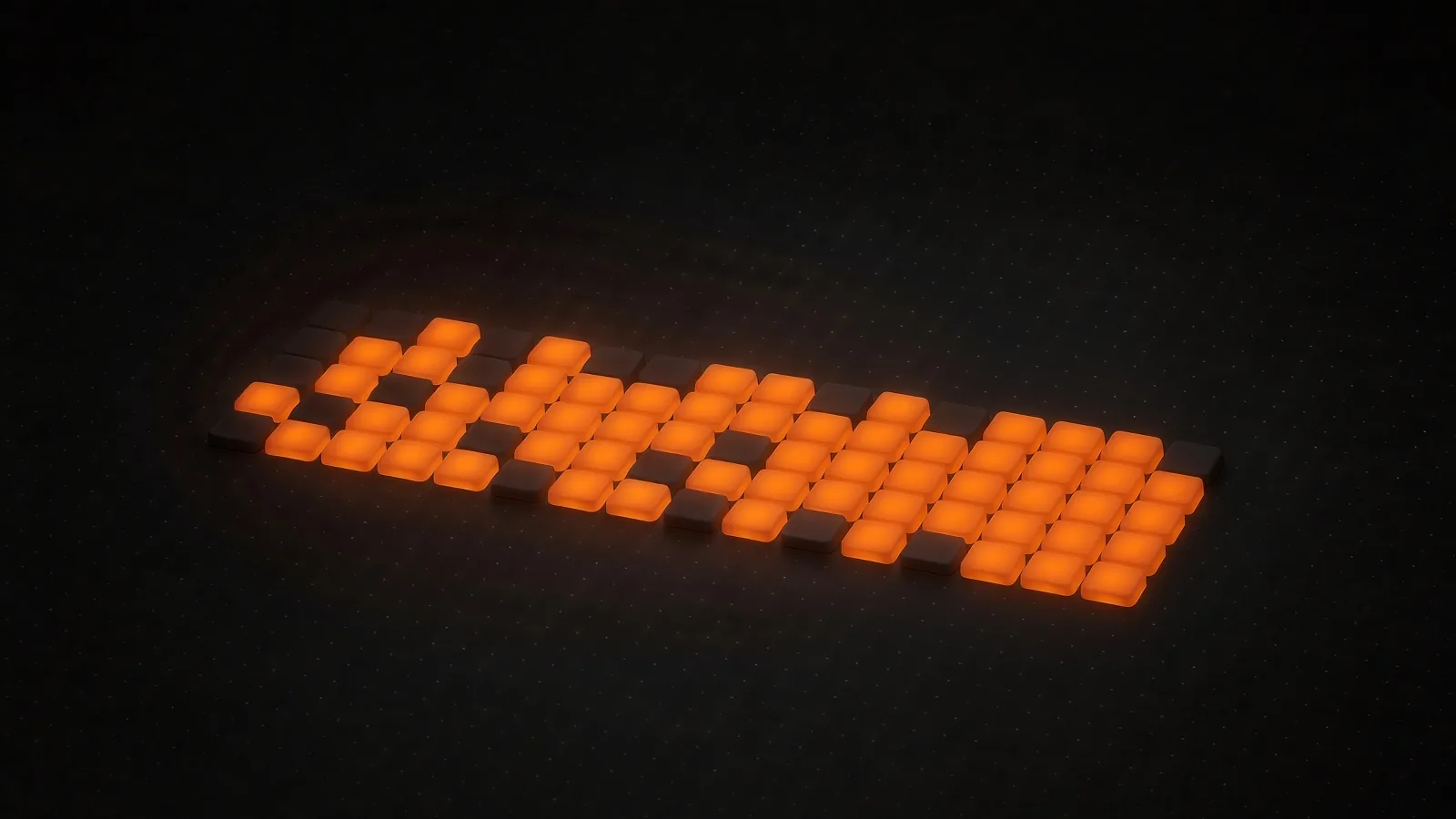 A long row of glowing amber tiles with one dark gap near the end and three tiles raised after it