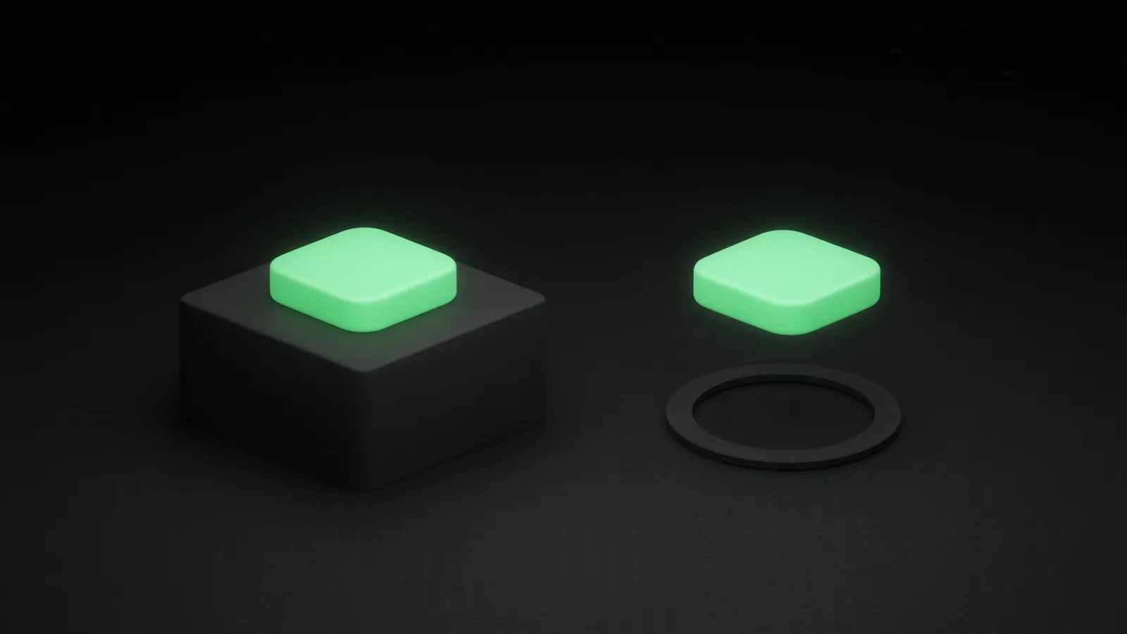 Two identical green tiles, one resting on a dark block and one floating above a thin ring
