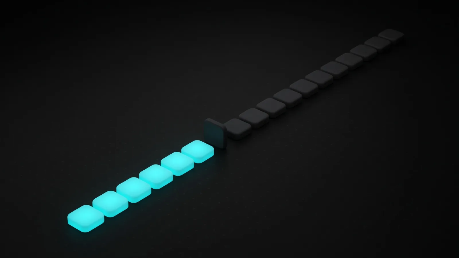 A long line of tiles fading into the distance, lit cyan only at the near end, with one upright tile where the light stops