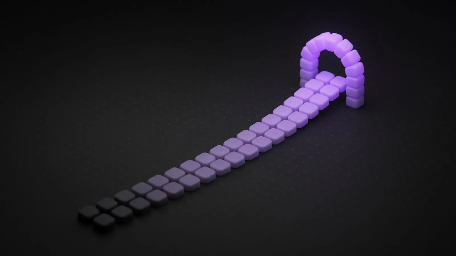 A curved path of purple tiles growing brighter toward a small arch of tiles at the far end