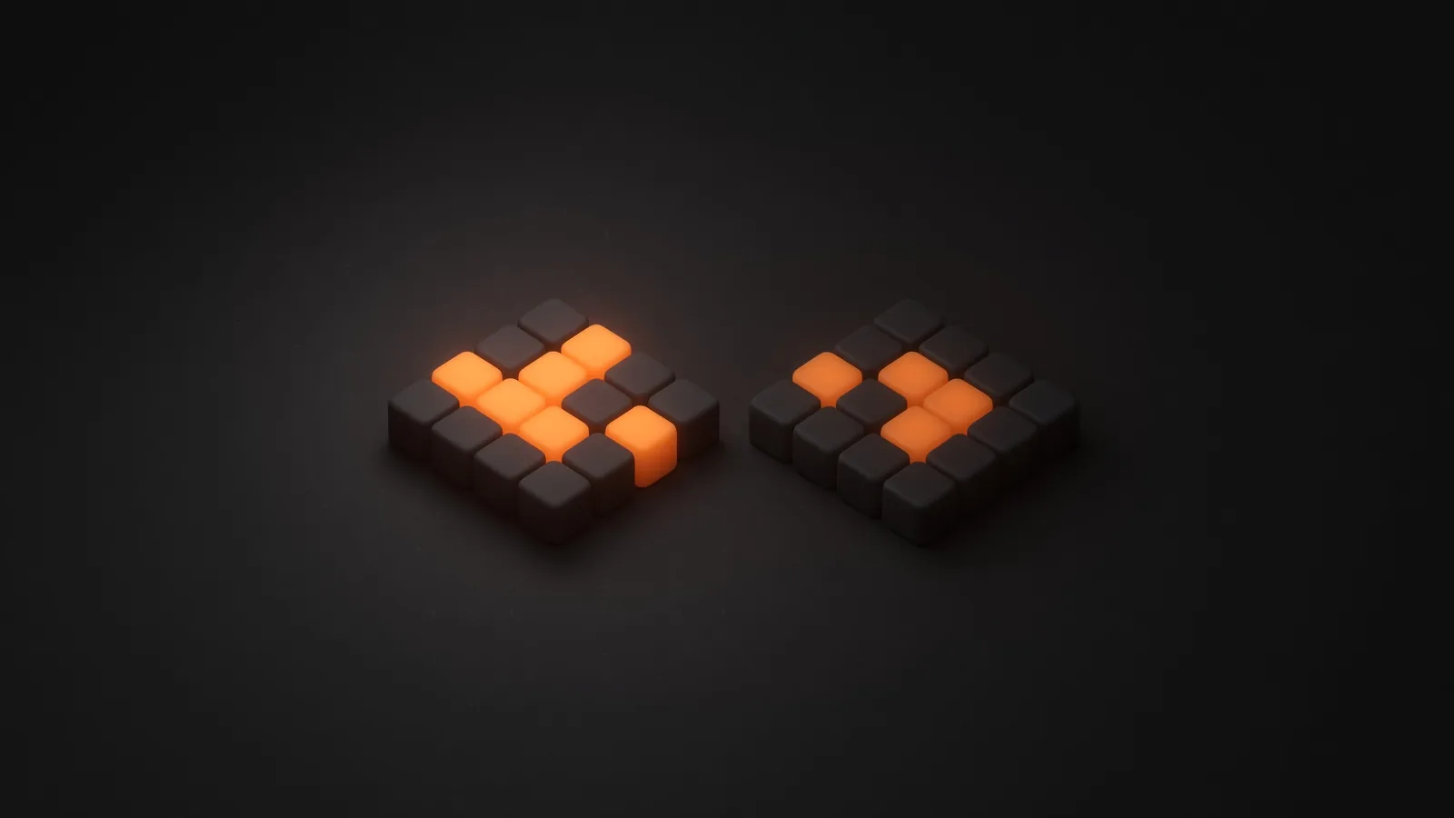 Two identical clusters of tiles, one with half its tiles lit amber, the other with only a few lit
