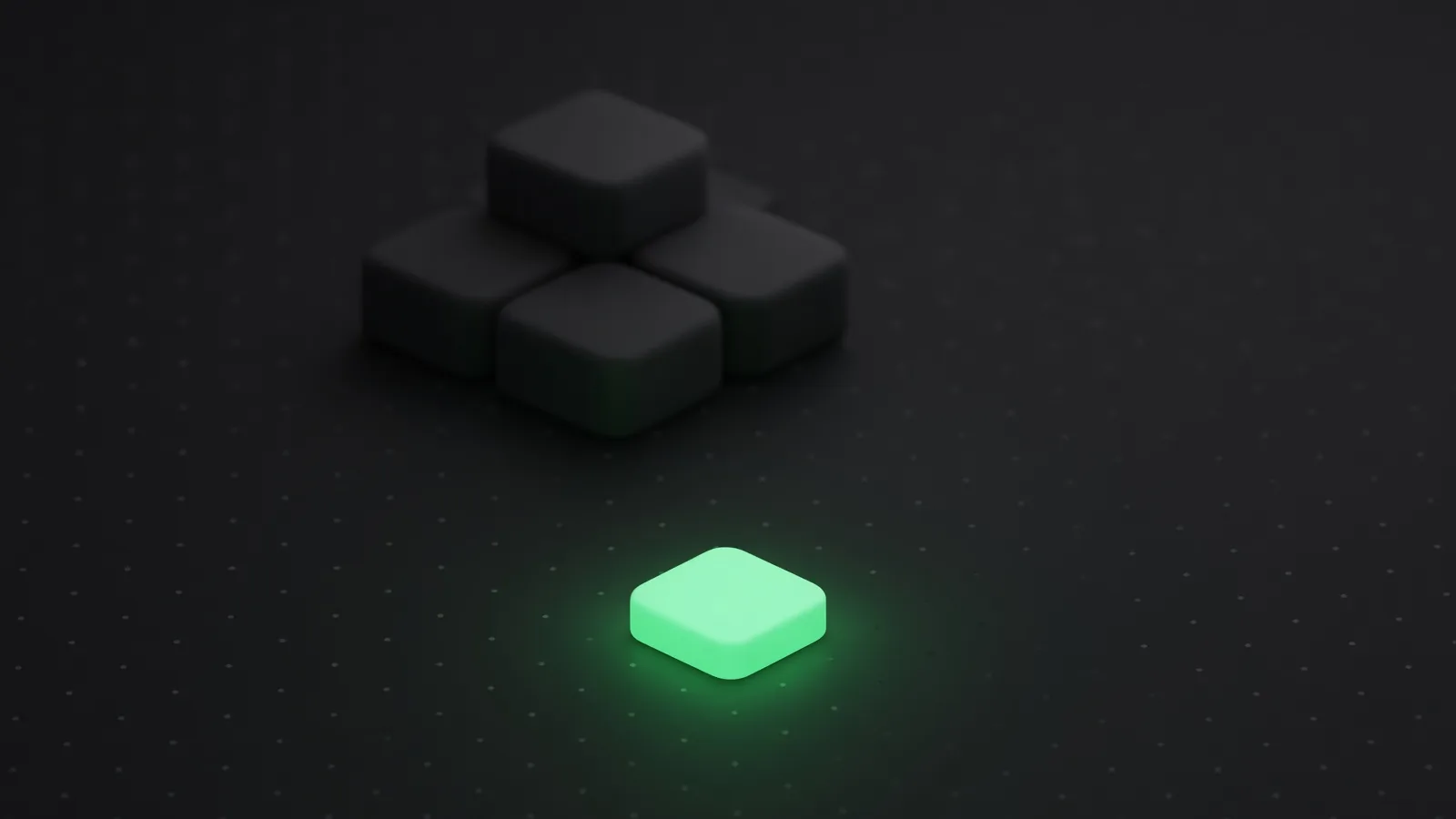 One small bright green tile in focus in front of large dark blurred blocks