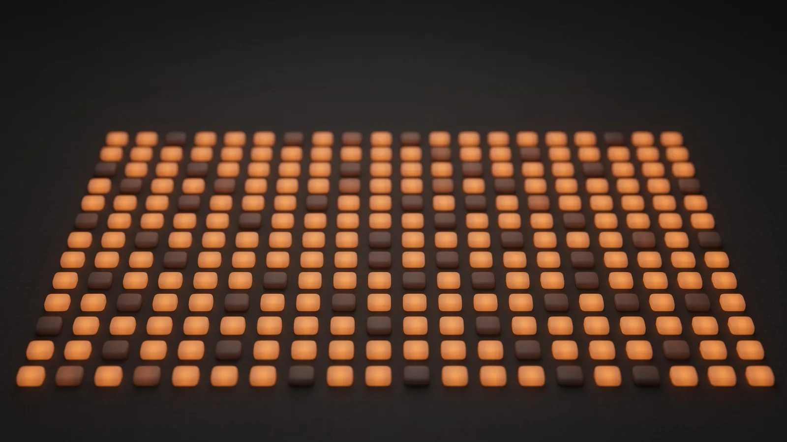 A wide field of amber tiles stretching to the horizon, most of them lit