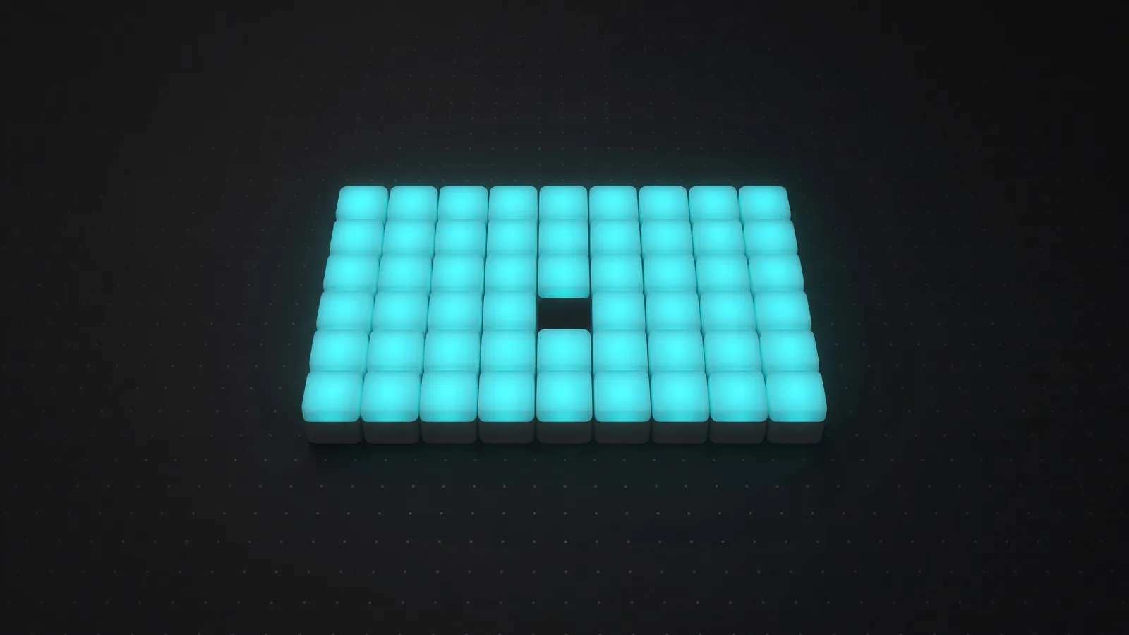 A complete block of glowing cyan tiles with one dark empty slot near the middle
