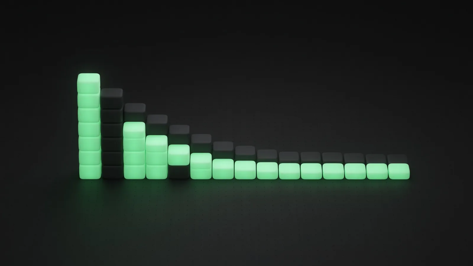 A tall stack of green tiles stepping down into a low flat line that runs to the right edge