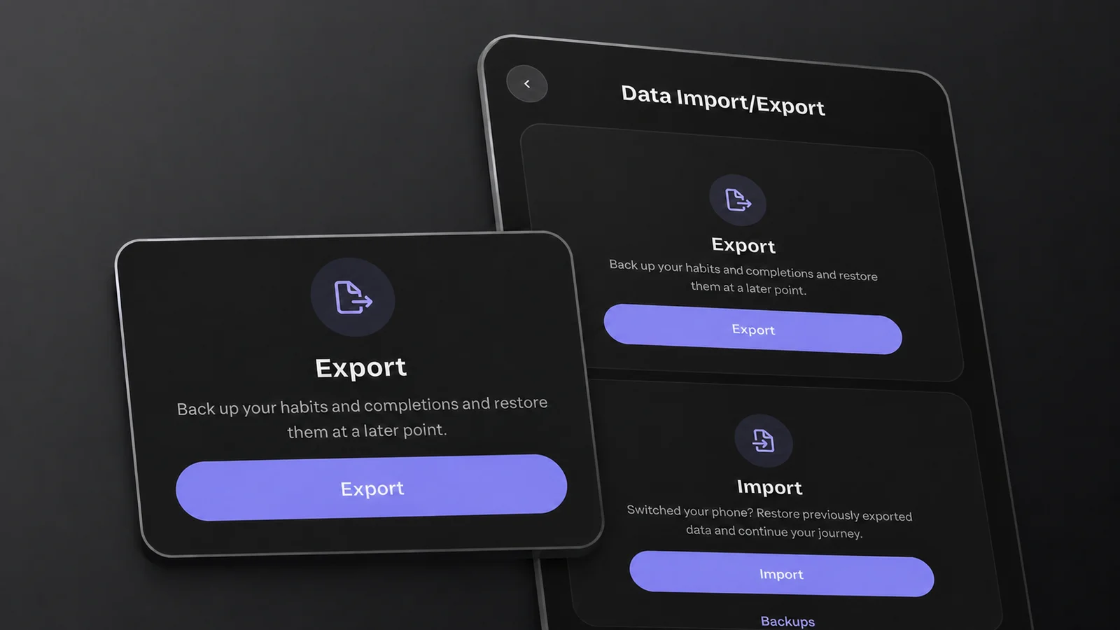 HabitKit Data Import/Export screen showing the Import button below Export