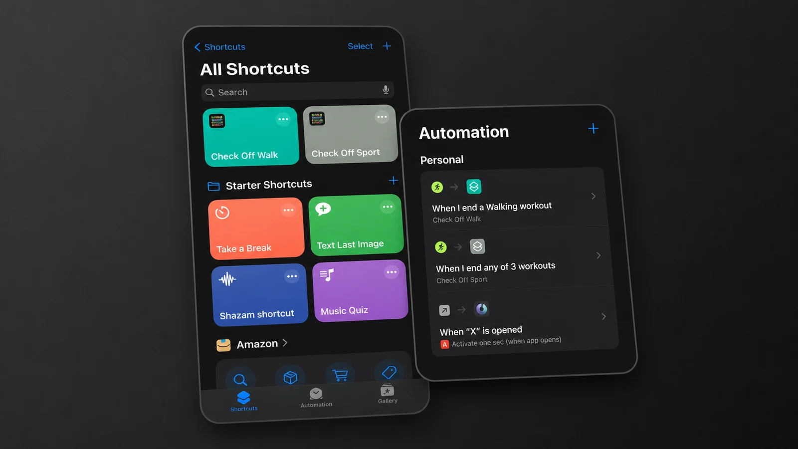 Shortcuts app panels showing HabitKit shortcuts and workout automations