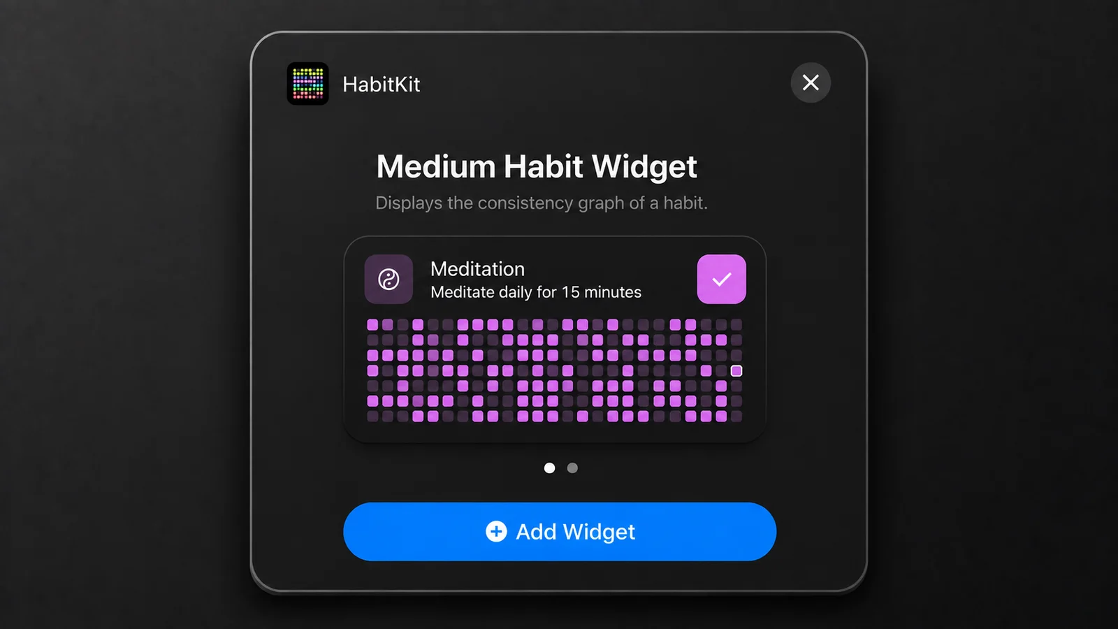 The Medium Habit Widget preview in the iOS widget gallery, above the Add Widget button