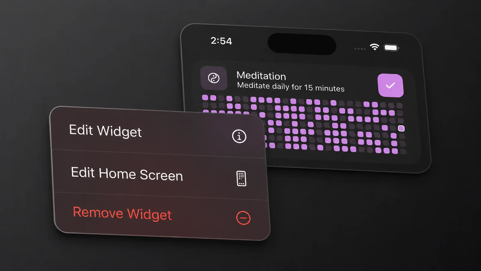 The iOS long-press menu on a HabitKit widget, showing Edit Widget