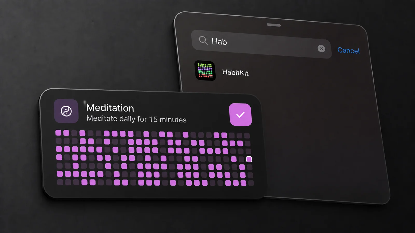 A Meditation widget on the left beside the iOS widget search sheet showing HabitKit as the only result