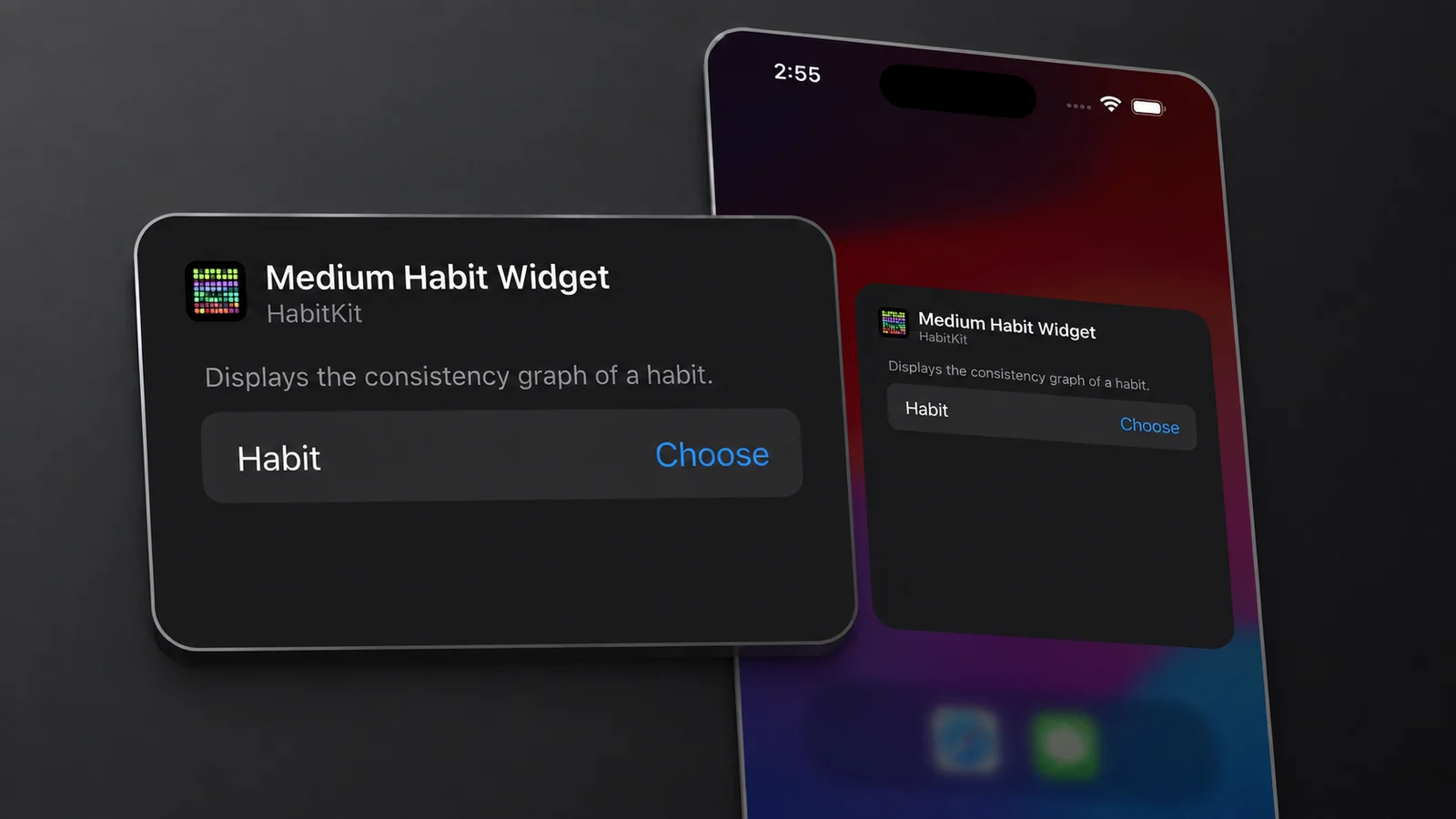The Edit Widget sheet for the Medium Habit Widget, with a Habit field