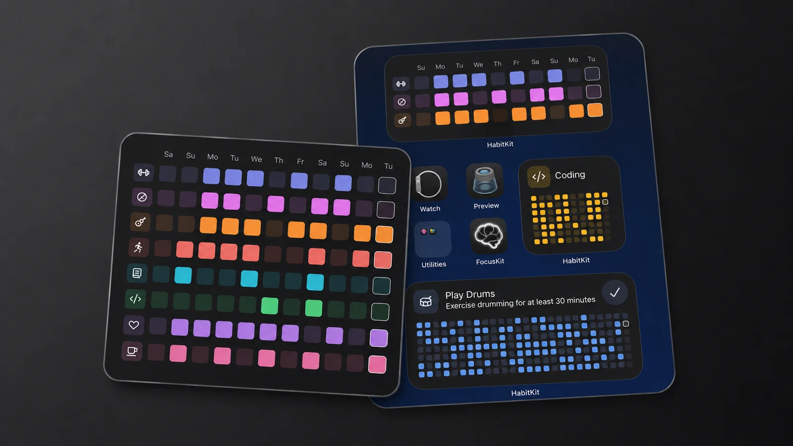 iOS home screen panels showing HabitKit widgets, including a multi-habit grid and a smaller Coding widget