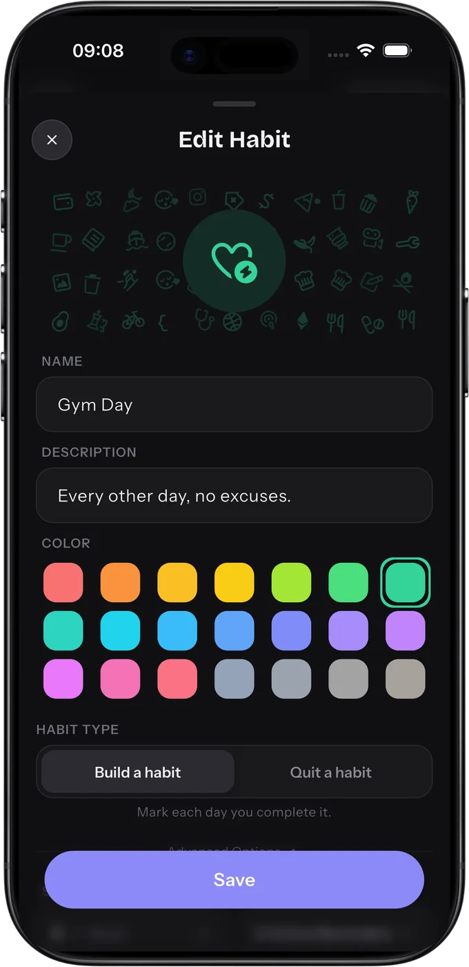 HabitKit edit habit screen with an icon picker, name and description fields and a color palette