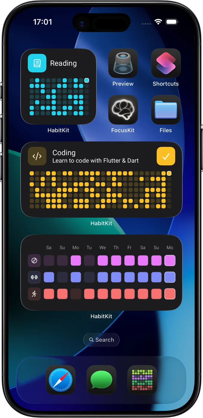 iPhone home screen with HabitKit widgets: a cyan Reading grid, an amber Coding habit and a compact multi-habit widget