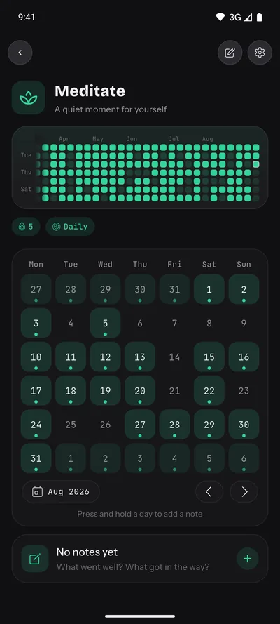 The Meditate habit combines its progress grid, streak and calendar on one screen.