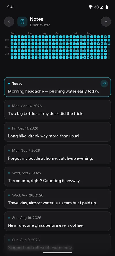 The Drink Water journal shows notes alongside recorded days.