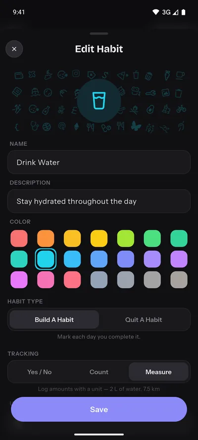 The habit editor provides colours, icons and tracking settings.